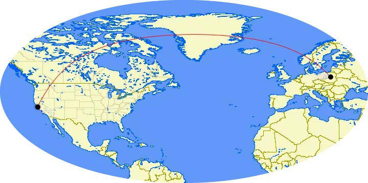 Path from California to Warsaw Poland 2025